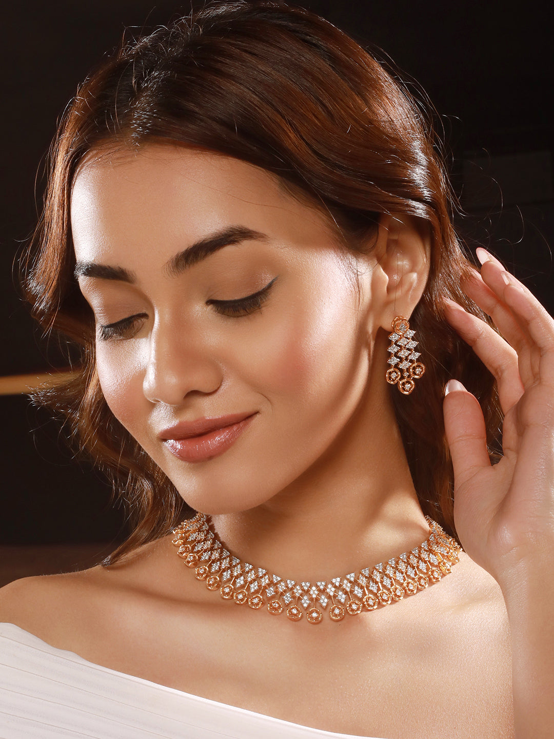 Gold Dual Toned C Zircon Studded Statement Geometric Partywear Necklace Jewellery Set